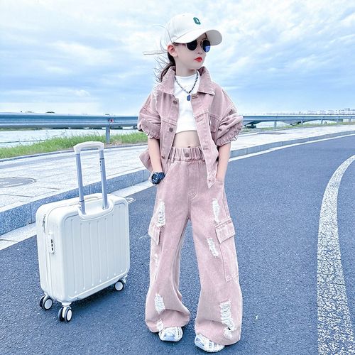 女大童春秋装牛仔套装2024新款儿童洋气炸街韩版工装阔腿裤两件套