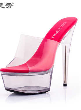 2020夏季韩版超高跟鞋15CM透明水晶鞋凉拖女婚鞋细跟防厚底模特鞋