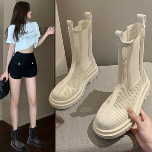 烟筒靴中筒镂空靴子 透气厚底短靴网面凉鞋 夏季 马丁靴女2021年春款