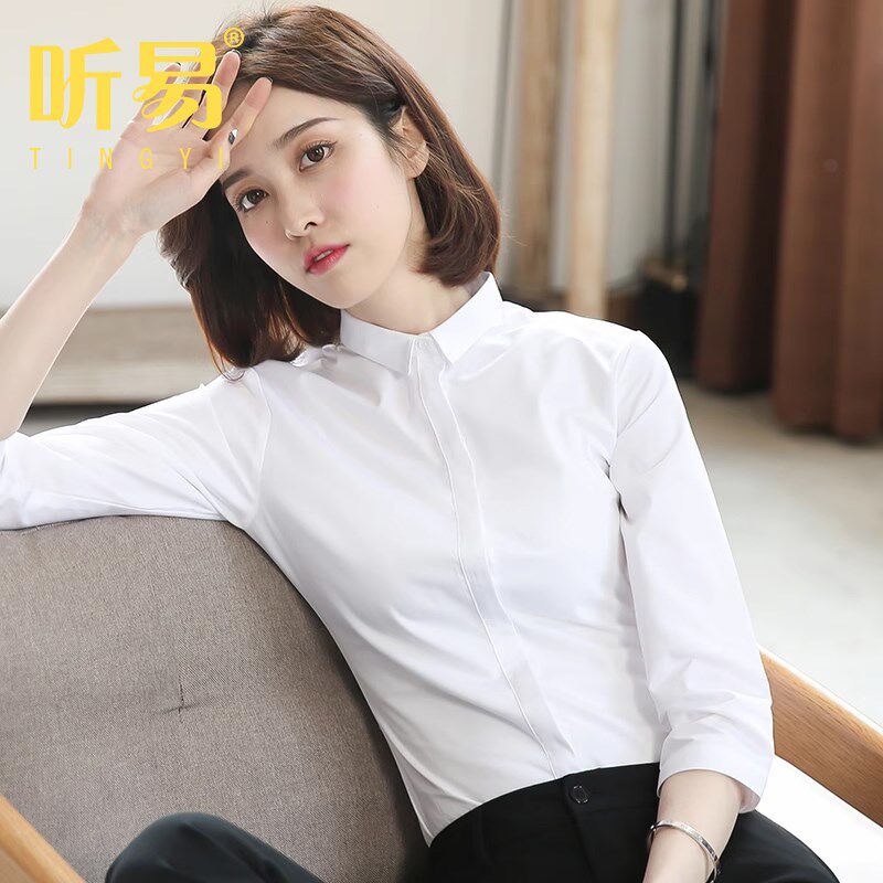 白衬衫女职业七分袖夏季新款气质高级工作服小领中袖商务白色衬衣