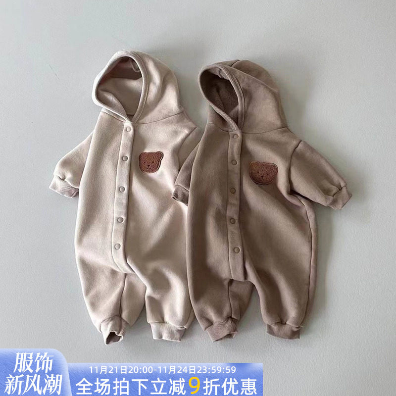 韩版婴儿连身衣秋冬装外出抱衣男女宝宝可L爱长袖爬服加绒保暖哈