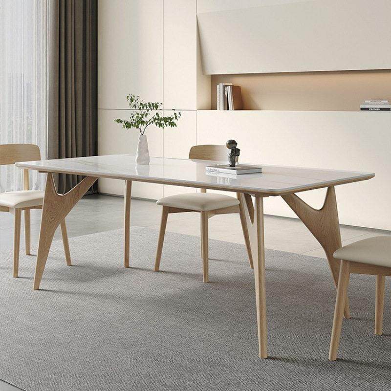 奶油风实木岩板餐桌实木腿白蜡木原木凤意式现亮光长方形饭桌椅