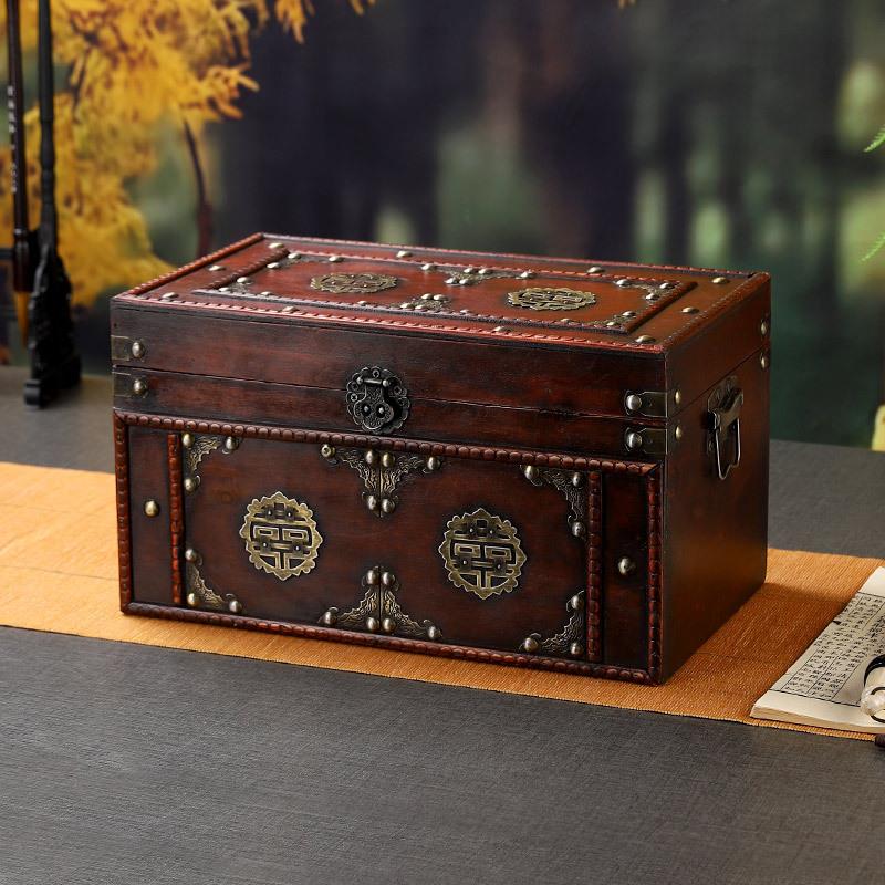 新中式复古木盒收纳箱喜字怀旧箱子珠宝首饰木盒做旧木质百宝箱