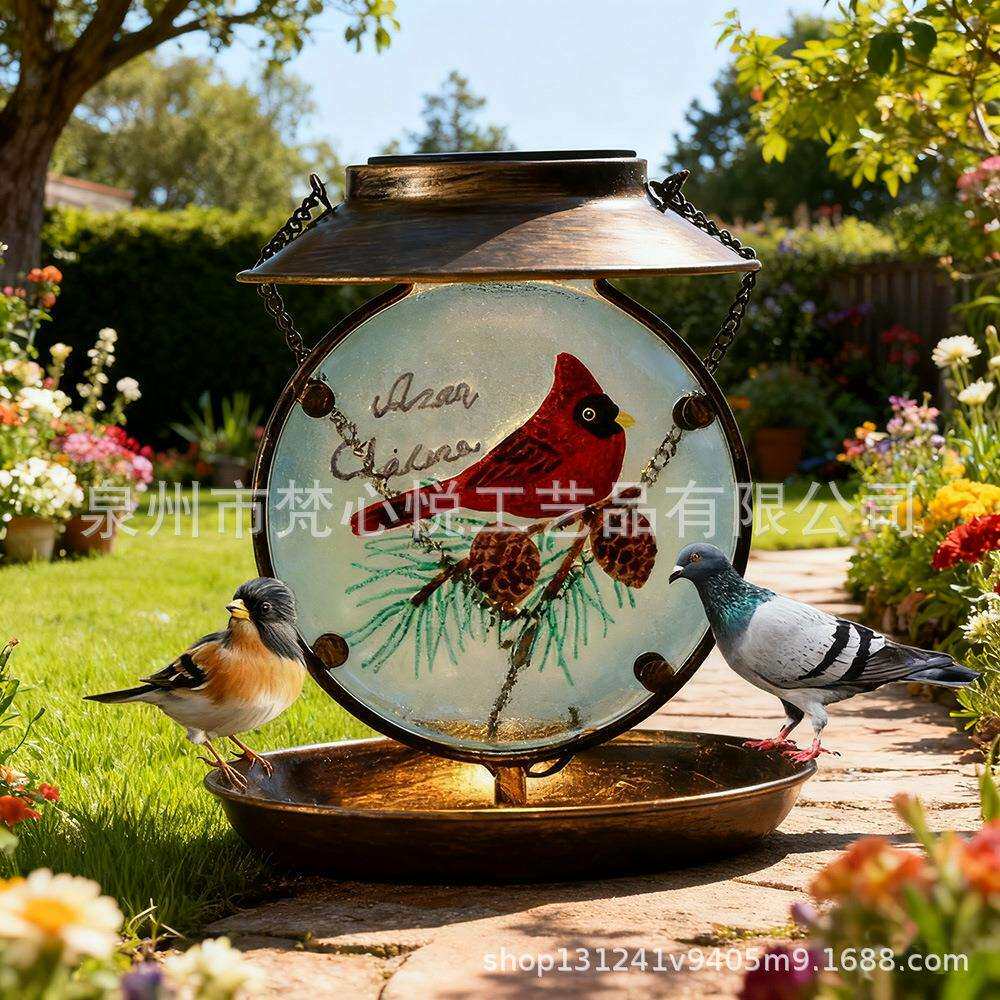 喂鸟器太阳能灯铁艺装饰户外摆件复古悬挂庭院玻璃鸟类喂食器灯