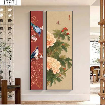 九鱼图入户玄关装饰画高档走廊过道挂画中式荷花竖版窄长条壁画