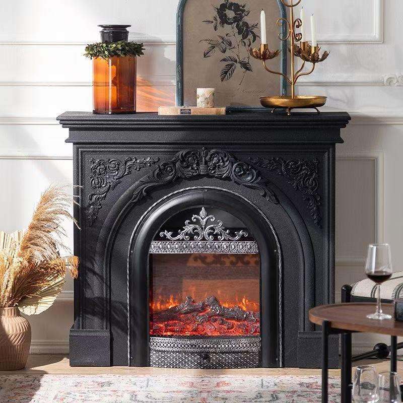 复古装饰柜入户火轻奢壁炉架黑色感别墅意式氛围美式仿真雕花壁炉