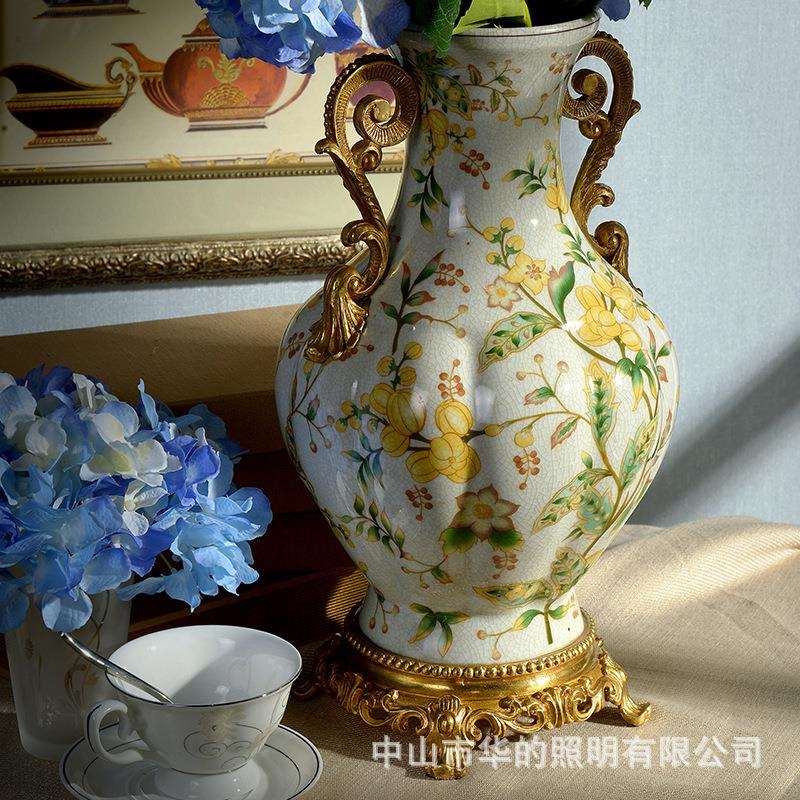美式陶瓷装饰花瓶摆件插花创意欧式陶瓷配铜客厅玄关居家桌面花器