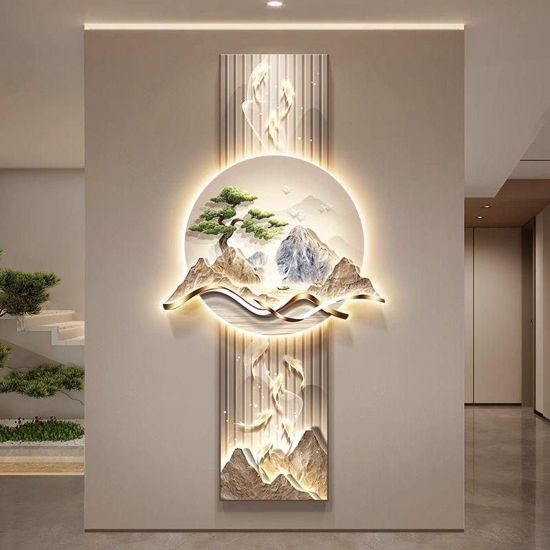 九鱼图入户玄关装饰画新款高端带灯走廊挂画客厅轻奢山水画壁灯