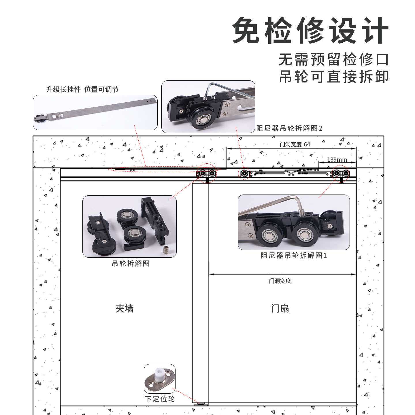 隐藏式微缝双向缓冲吊轨单门口袋门吊滑五金免检修口移门轨道配件