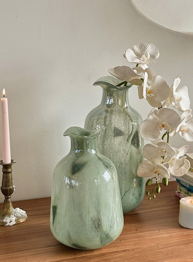 绿色中古玻璃花瓶摆件创意水养y客厅电视柜玄关插花装饰品法式琉