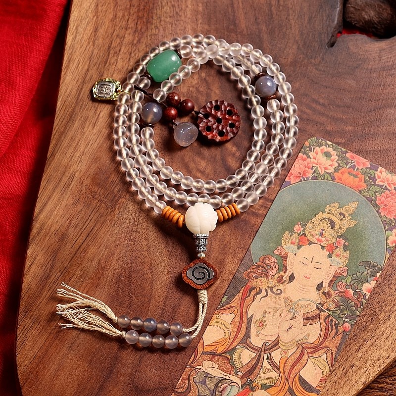 卡杰格朵.原创手工白琉璃佛珠项链C修行藏式念珠女白度母手链108