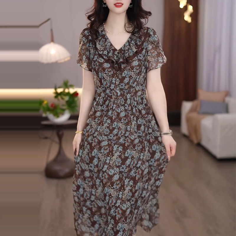 长款薄款女时尚短袖新款宽松裙子连衣裙2026印花夏季妈妈显瘦装中