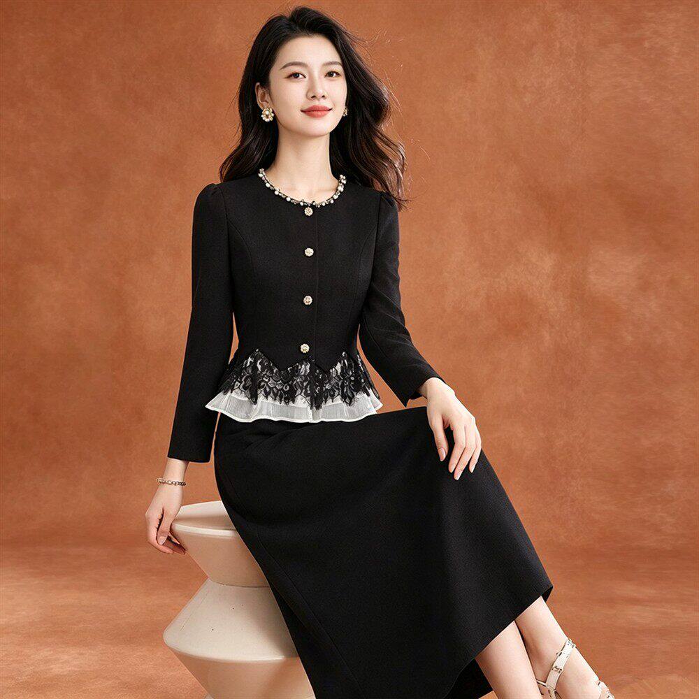 黑色蕾丝拼接长袖连衣裙女2026新款爆款秋季高端小香风套装高级感