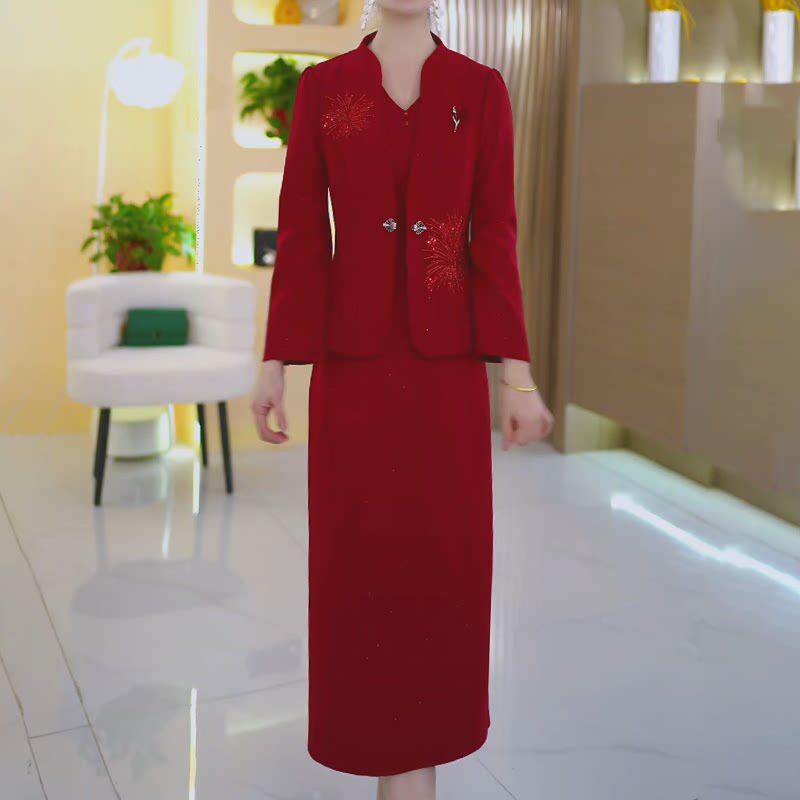 长袖高档两件套爆款连衣裙女2026春秋新款喜婆婆妈妈婚宴礼服裙子