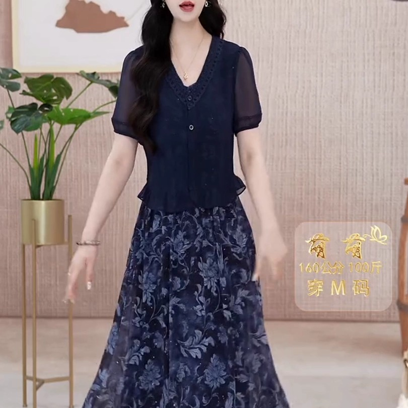 收腰连衣裙夏两件套套装女时尚新款女士显瘦短袖裙子2026气质印花