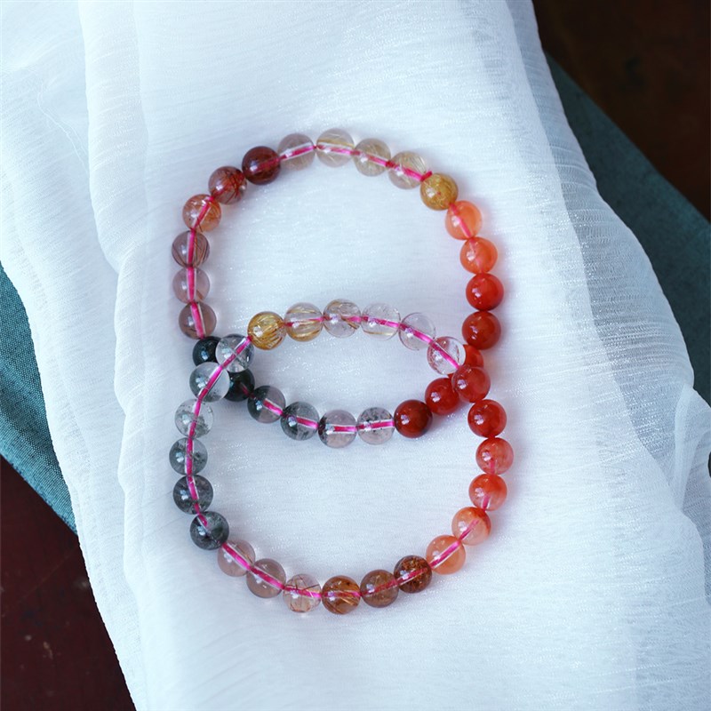 天然红兔毛金发晶绿幽灵圆珠款渐变色手链 女款水晶多宝手饰饰品