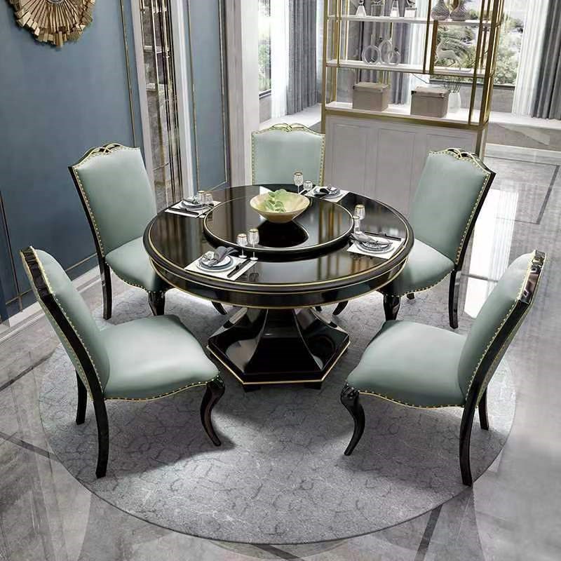大理石餐桌圆桌饭桌带转盘圆餐桌旋转实木6人美式轻奢餐桌椅组合