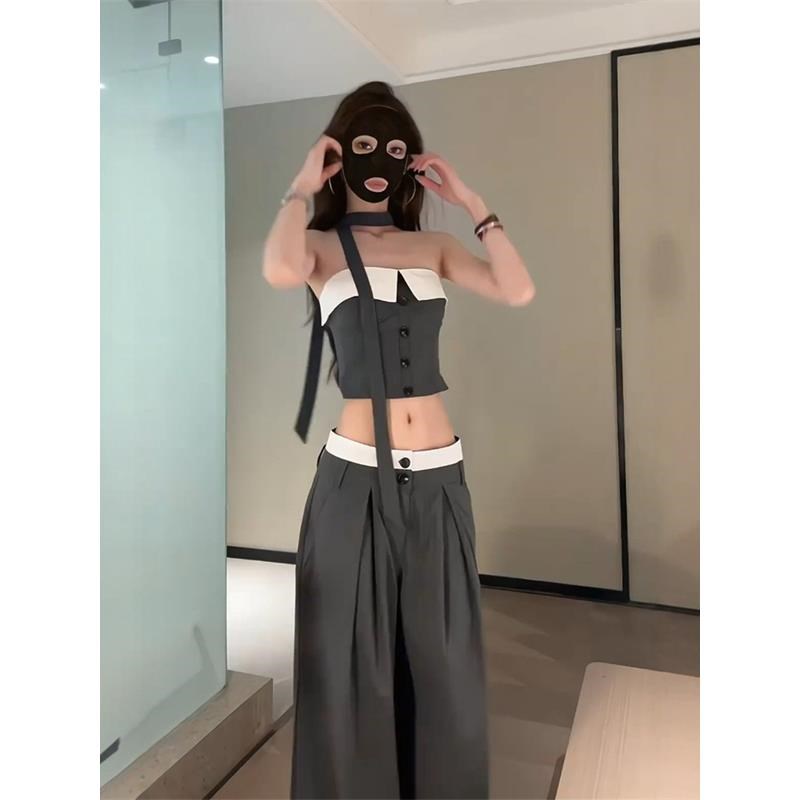 韩系高级感穿搭套装女夏撞色一字肩抹胸背心上衣西装阔腿裤两件套