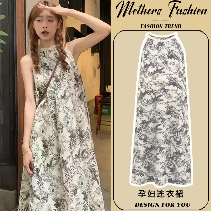 孕妇连衣裙夏季2025新款韩版复古气质无袖薄款宽松挂脖裙中长款女