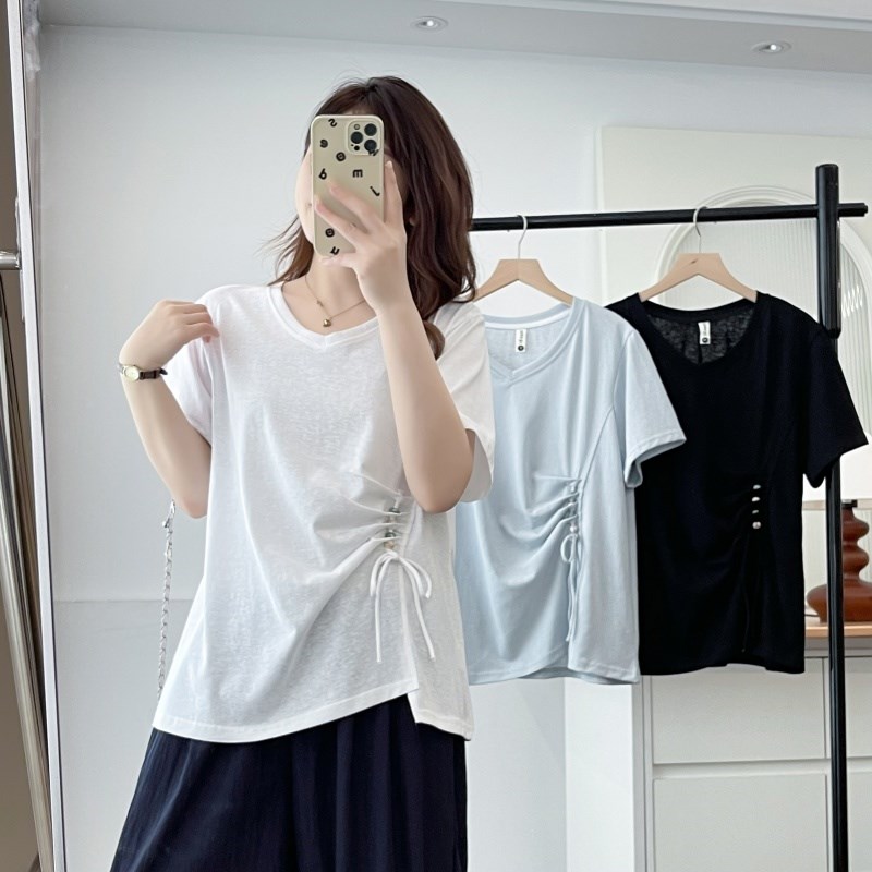 夏装新款大尺码女装宽松短袖T恤设计感上衣不规则串珠抽绳收腰T恤