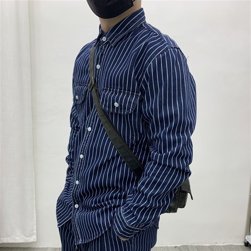 重磅牛仔条纹衬衫阿美咔叽日系复古工装全棉水洗宽松大码长袖衬衣