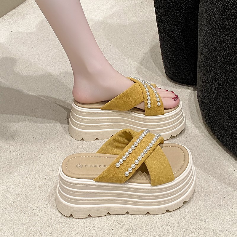 仙女风珍珠厚底拖鞋女夏外穿配裙子凉鞋小个子8cm增高松糕一字拖