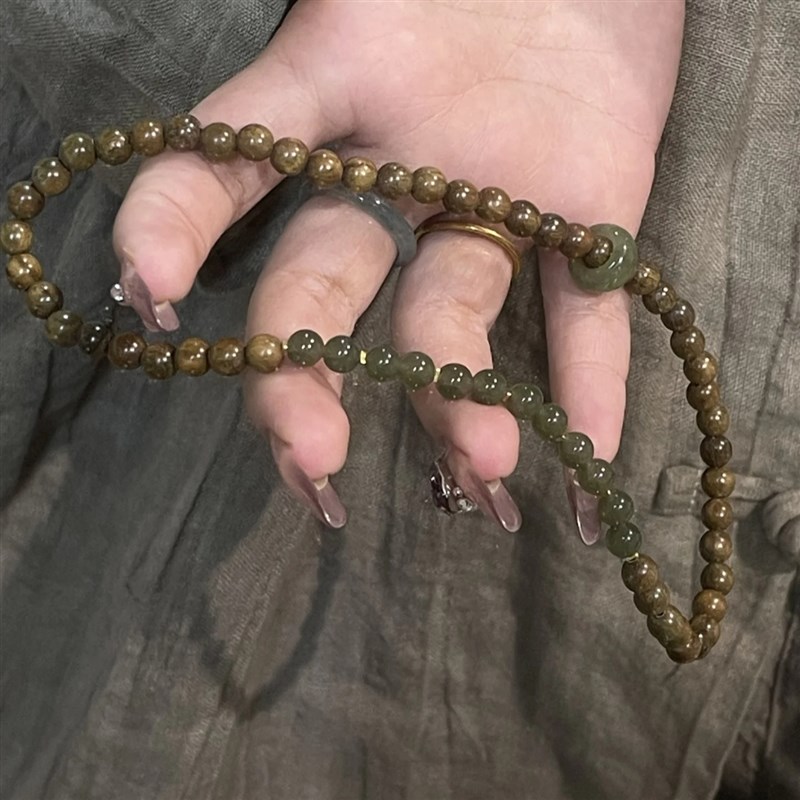 天然阿根廷绿檀木搭配和田碧玉双圈手串女款新中式文玩佛珠手链