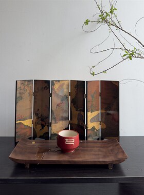 侘寂风功夫茶具套餐实木茶盘陶瓷茶杯桌面小屏风装饰摆件