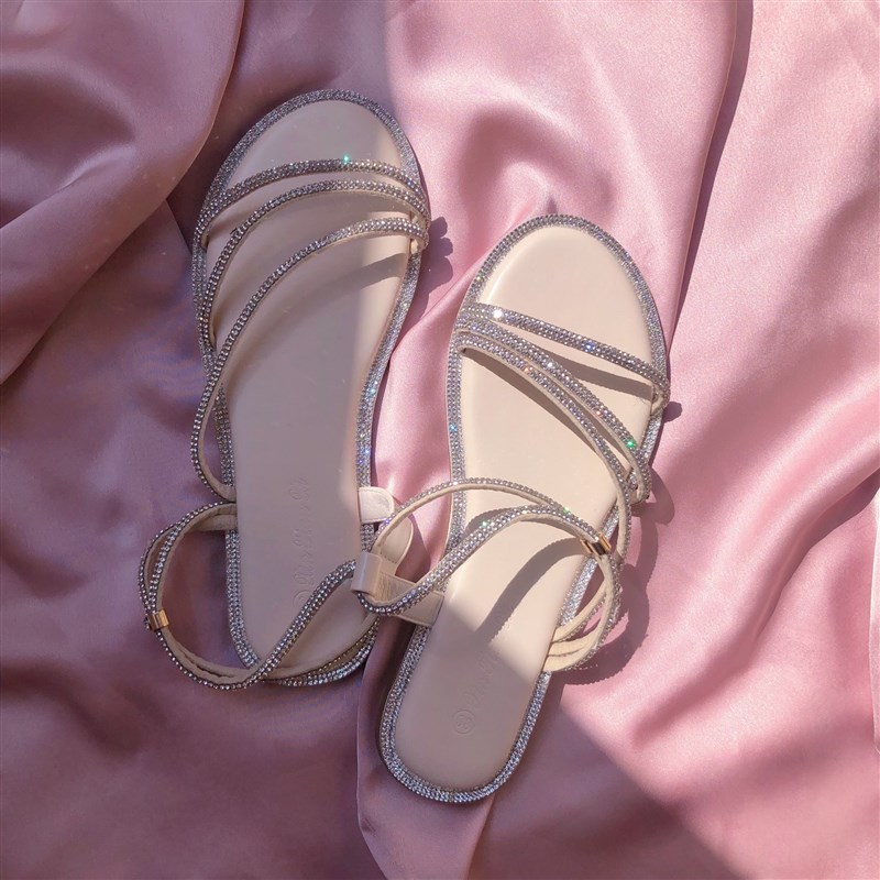 橘里CHIU绝美仙女风水钻凉鞋配裙子夏季海边闪闪水晶平底鞋晚晚风