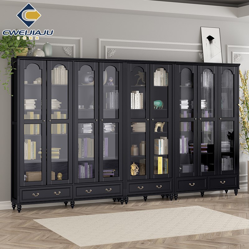 纯实木书柜带玻璃门展示柜家用客厅一体整墙落地置物架复古储物柜