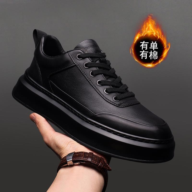 真皮男鞋休闲板鞋秋冬新款厚底系带加绒韩版耐磨透气增高皮鞋潮