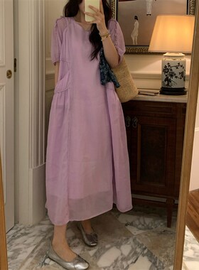 NAZ那子大码夏季全苎麻设计感宽松气质胖mm直筒时尚木耳边连衣裙