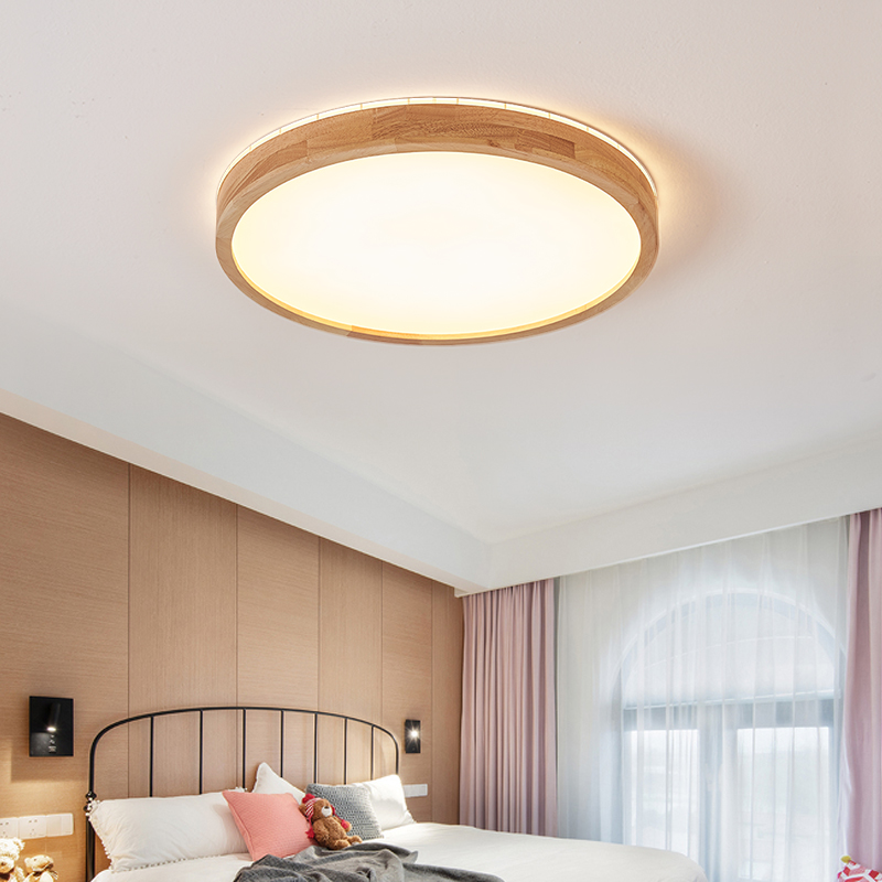 北欧实木圆形吸顶灯led超薄日式卧室小客厅现代简约木艺民宿灯具