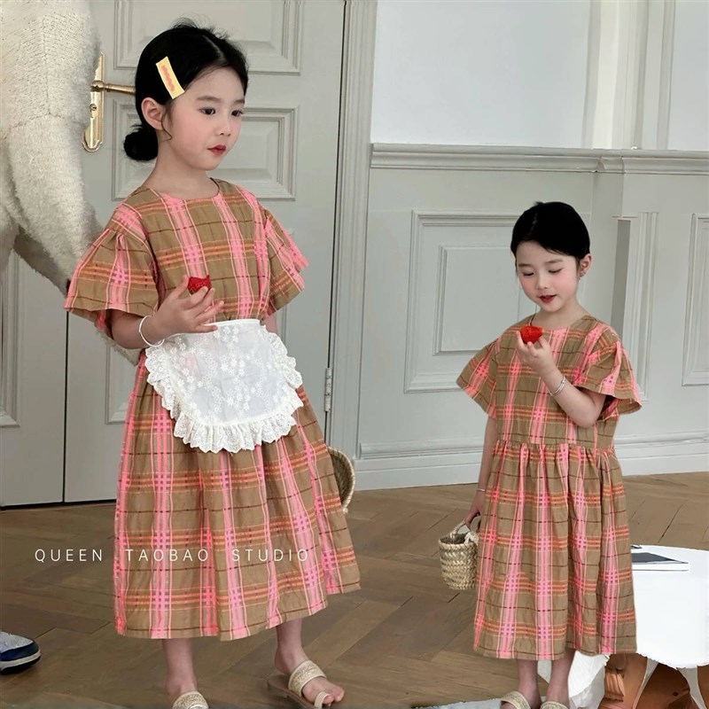 韩国女童宽松格子短袖连衣裙2025夏季新品宝宝时髦沙滩公主长裙