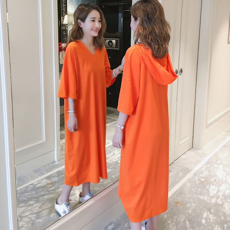 2021春季韩版胖MM连帽V领长裙过膝T恤睡裙女纯棉宽松大码连衣裙夏