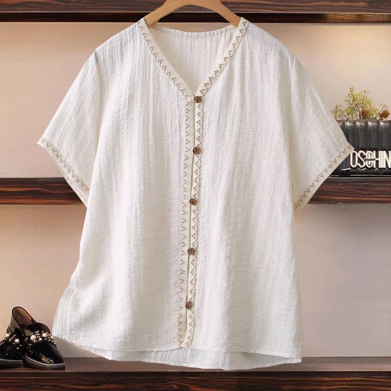 大码女装纯棉开衫短袖上衣夏季宽松遮肚子妈妈休闲T恤40岁50V领薄