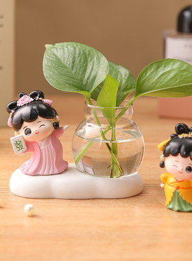 可爱仕女水培小i摆件新中式客厅书房办公室桌面绿萝植物治愈系装