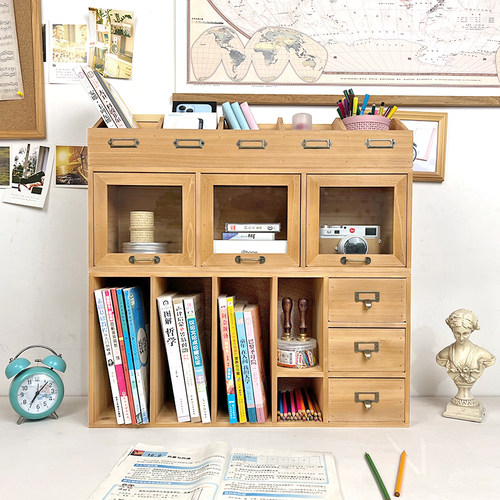 晴天杂货铺原木复古收纳层架书架玻璃抽屉式桌面整理木质.分类收