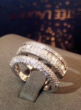 高级感多层时髦满l钻轻奢线条气质百搭复古锆石可调节食指戒指女