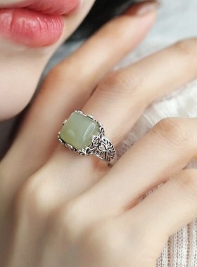 925银复古新中式铜钱币方糖和田青玉戒指环开口S调节女镂空高级感