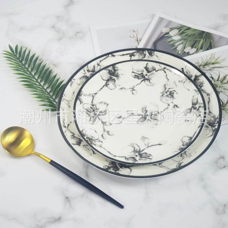新中式陶瓷水墨梅花盘子样品间复古酒店摆盘可加logo