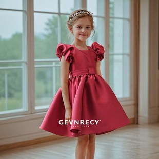 女童礼服夏季 高端轻奢小众红色生日公主裙小女孩主持人钢琴演出服