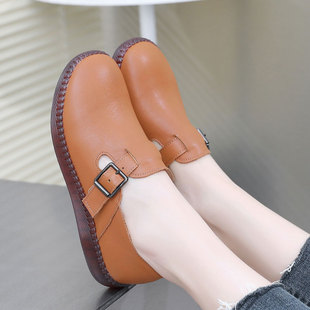 舒适真皮单鞋 2024春秋休闲大码 女圆头平底妈妈鞋 软底深口小皮鞋