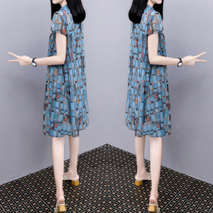宽松显瘦V领雪纺网纱连衣裙女装 2021夏季 印花裙子中长款 大码 新款