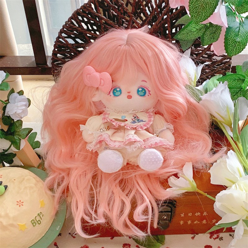 20cm棉花娃娃假发 高温丝化纤齐刘海粉色长卷发化纤假发整顶发套