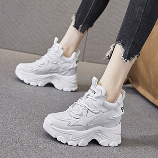 百搭真皮厚底松糕运动老爹鞋 新款 8CM 子女2023年秋季 内增高小白鞋