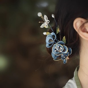 手工缠花新中式国风发夹古风汉服侧边头饰古典舞发饰蓝色旗袍配饰