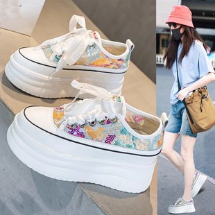 国风亮片网纱透气网面休闲内增高女鞋 爆款 女夏2024新款 厚底小白鞋