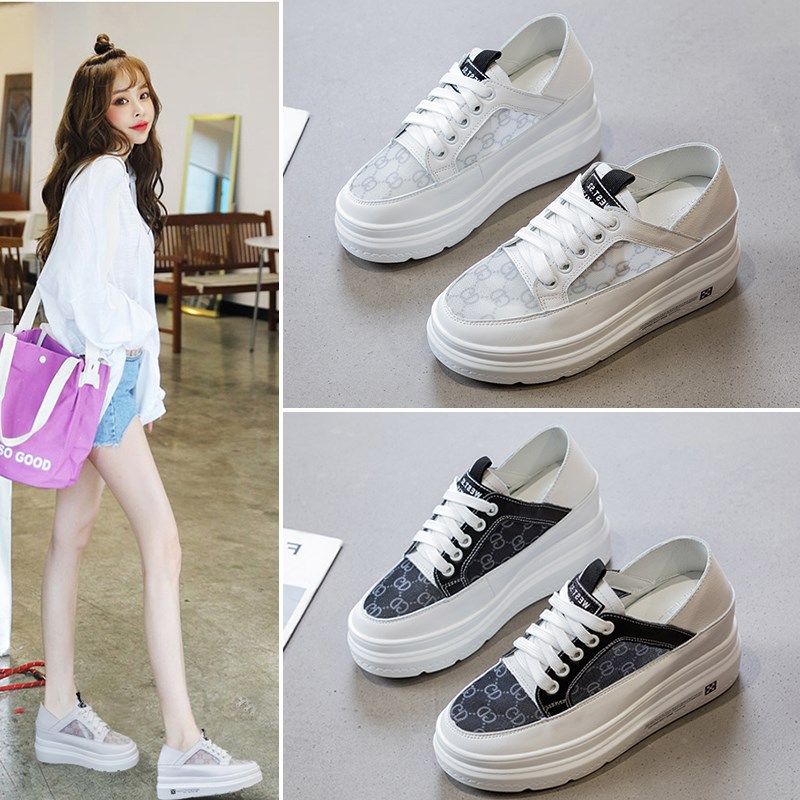 真皮网布透气内增高小白鞋女夏季两穿百搭厚底运动鞋松糕休闲单鞋