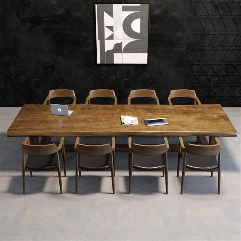 现代简约实木会议长桌工业风工作台长条办公桌原木洽谈桌椅组合